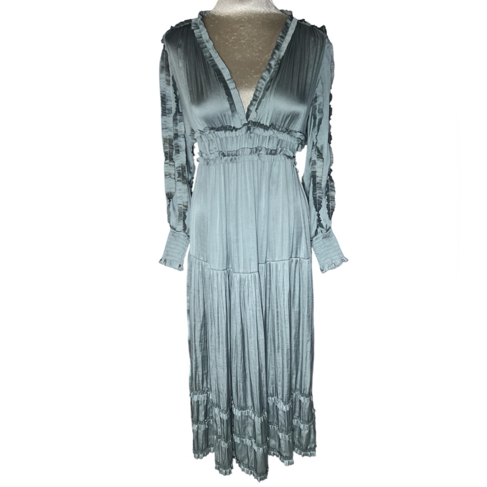 O.P.T Silky Elegant Light dusty Blue Ruffled tiered Dress M